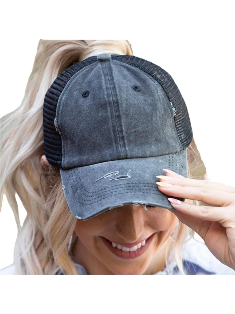 〽️Women 1 Black High Ponytail Baseball Cap Trucker Bad Hair Day Adjustable